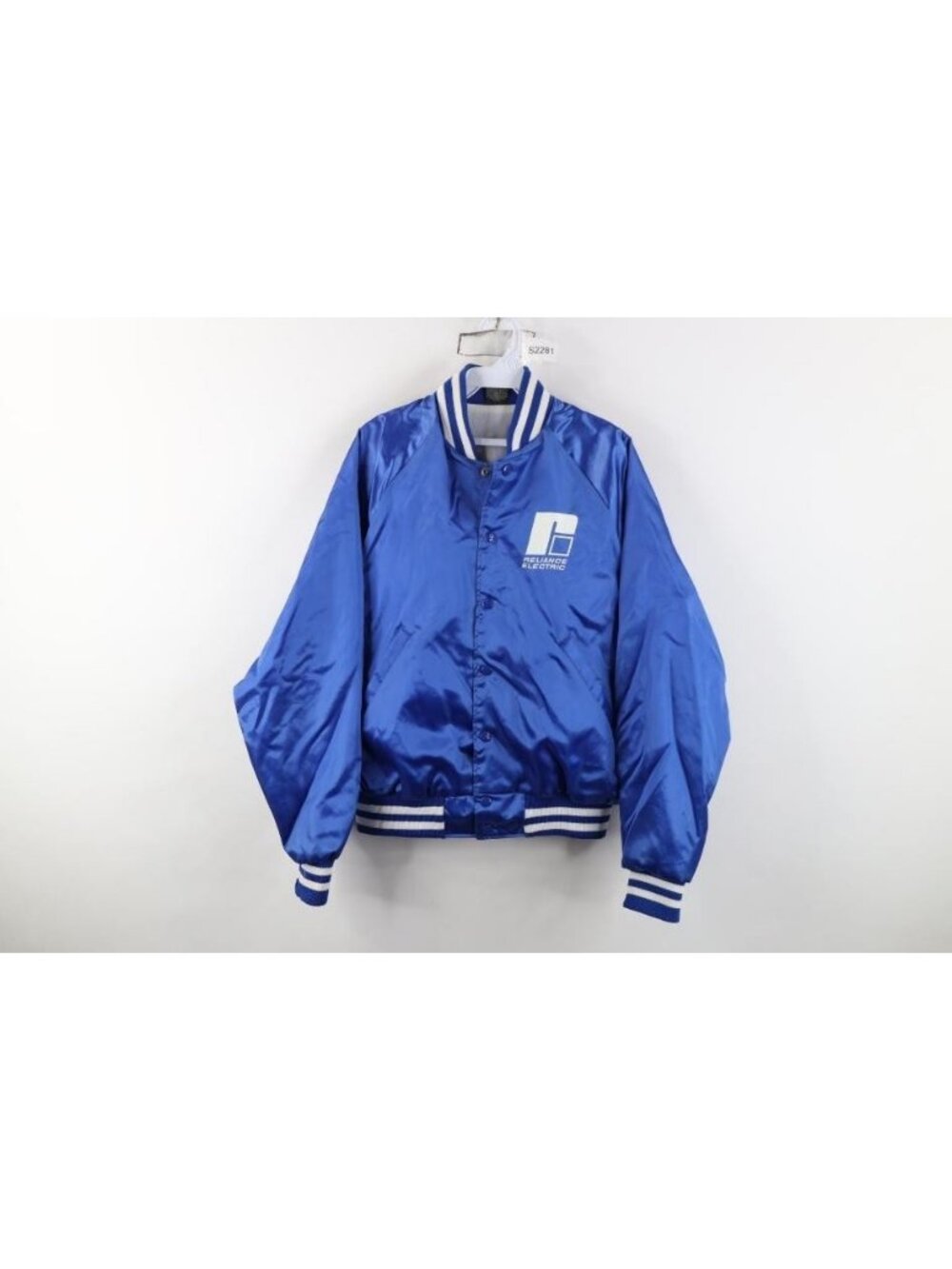 Vtg 80s Mens Medium Distressed Reliance Electric Satin Bomber Jacket Blue USA